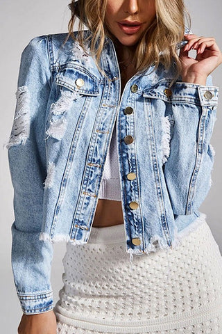 Cropped Distressed Denim Jacket