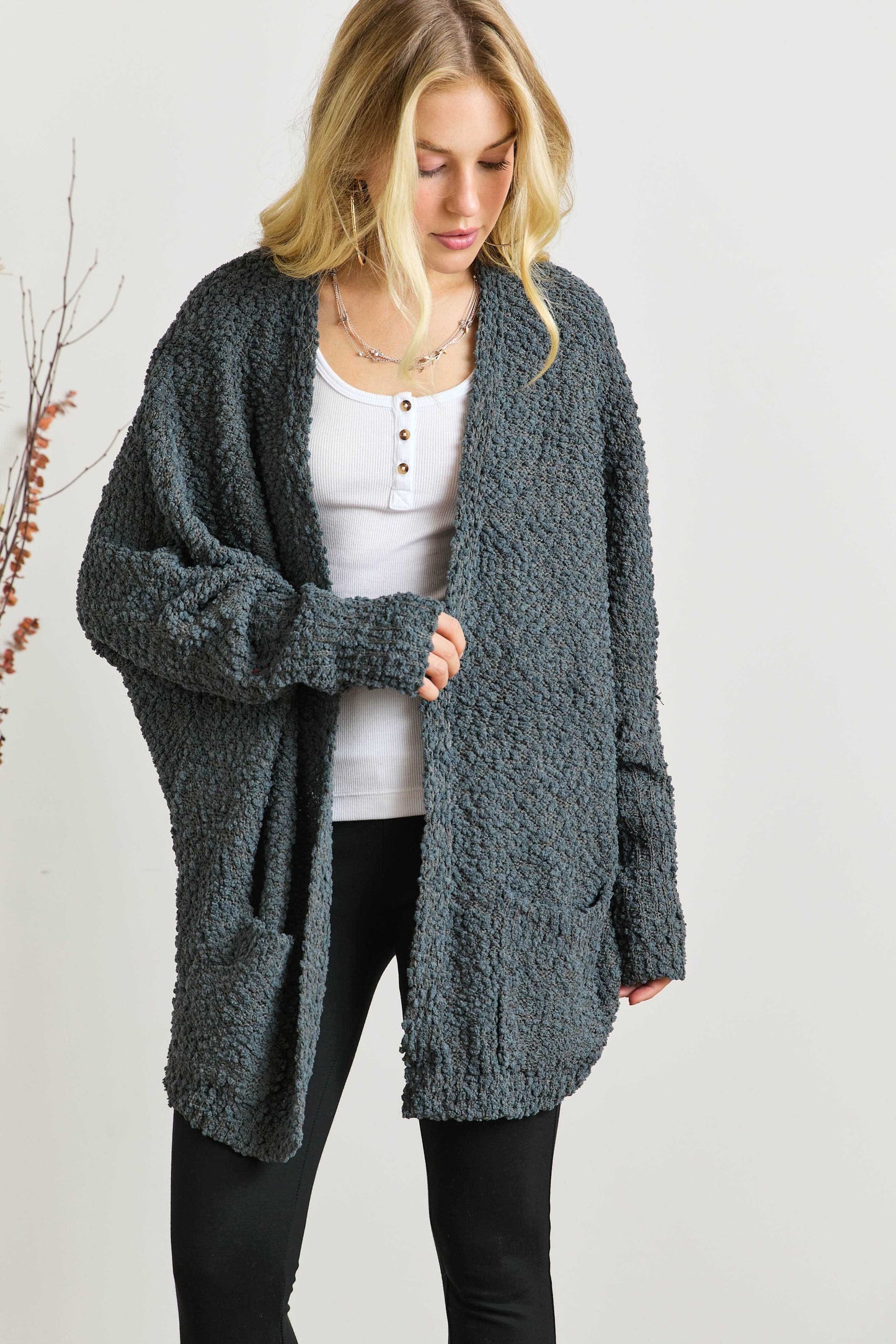 ADORA Popcorn Knit Open Front Long Sleeve Cardigan