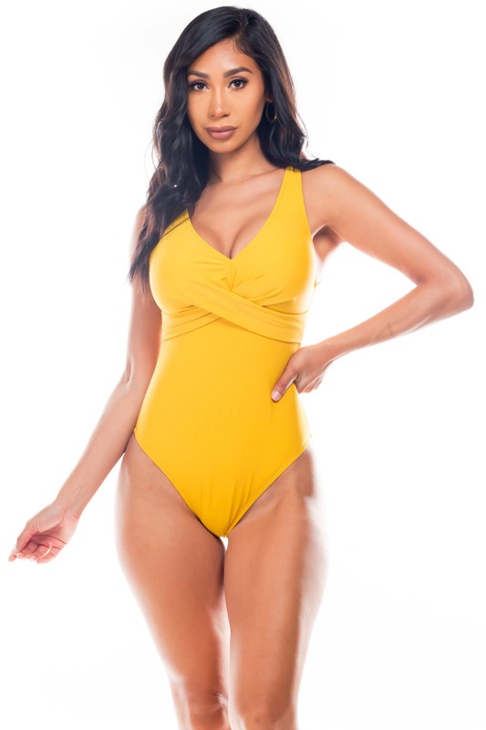 Pleated Cross Gathering Low V One Piece Swimsuit