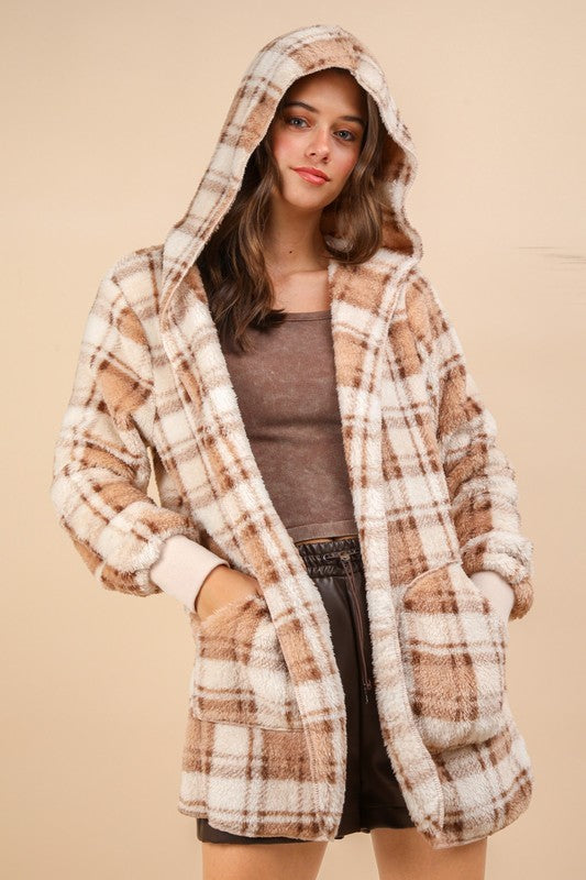 VERY J Fuzzy Plaid Long Sleeve Hooded Jacket