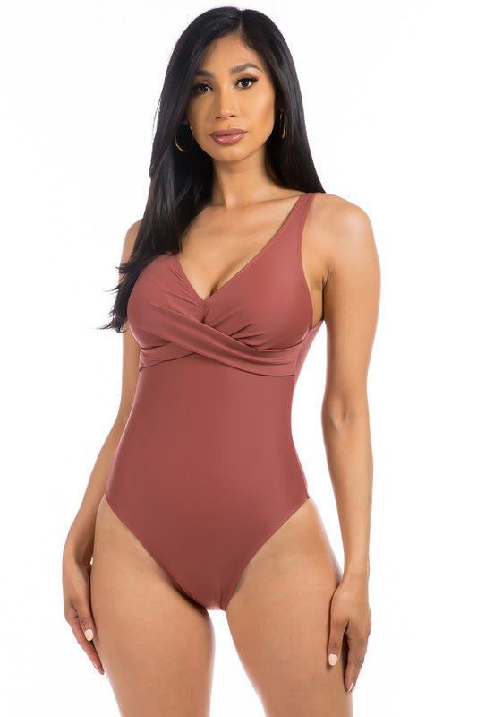 Pleated Cross Gathering Low V One Piece Swimsuit