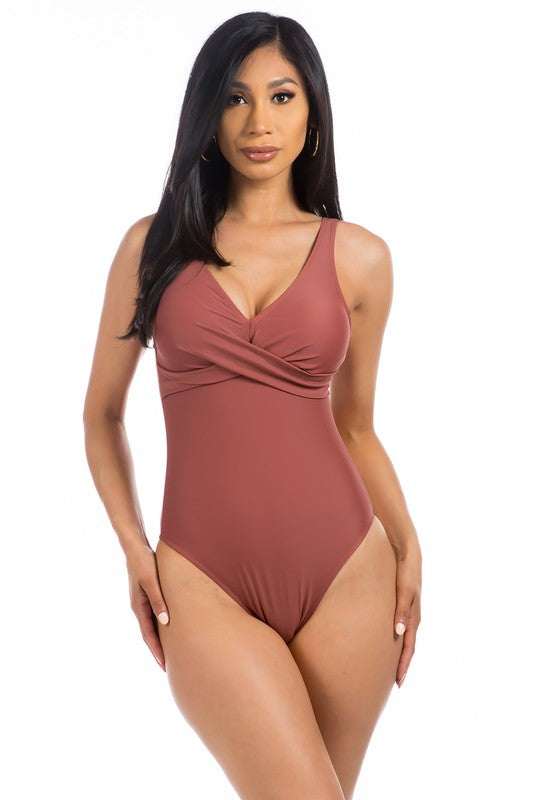 Pleated Cross Gathering Low V One Piece Swimsuit