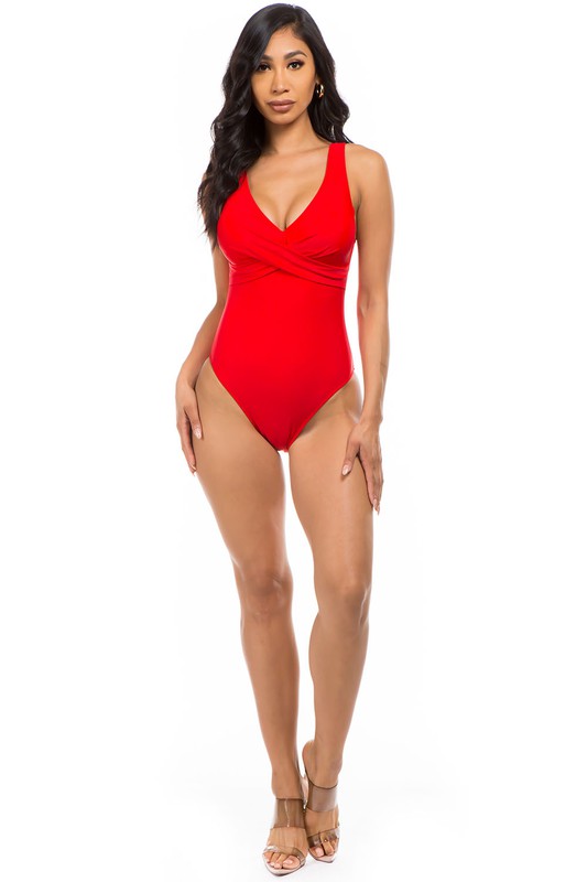 Pleated Cross Gathering Low V One Piece Swimsuit