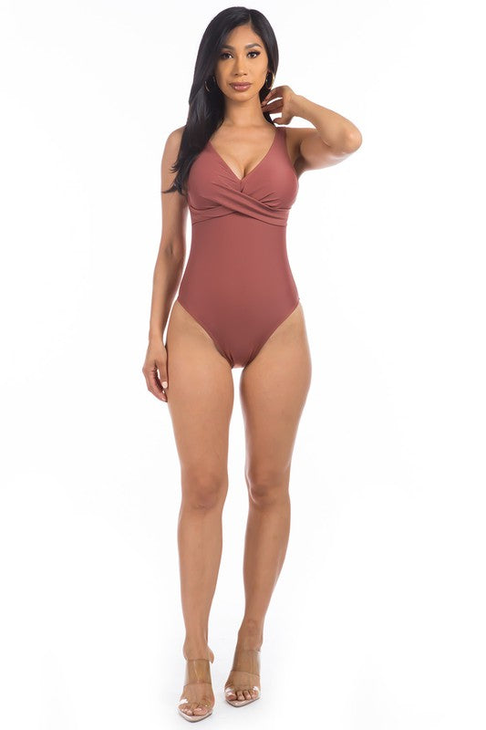 Pleated Cross Gathering Low V One Piece Swimsuit