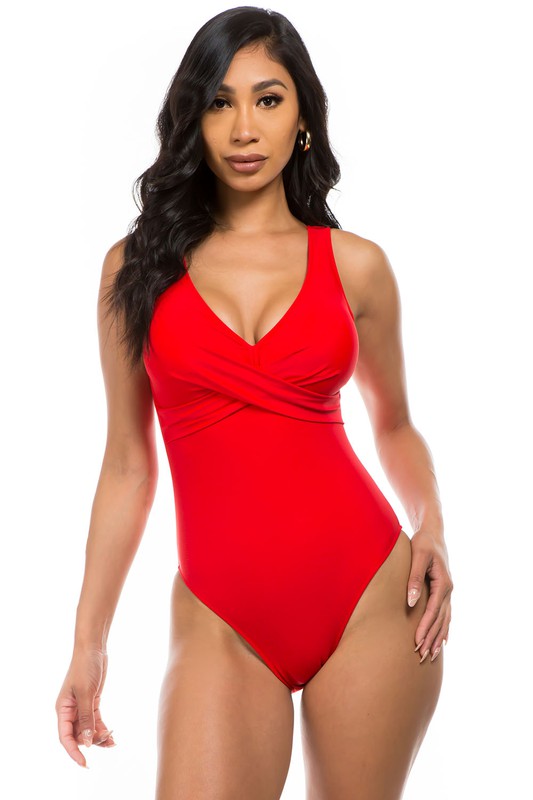 Pleated Cross Gathering Low V One Piece Swimsuit