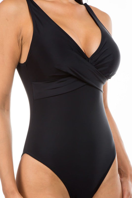 Pleated Cross Gathering Low V One Piece Swimsuit