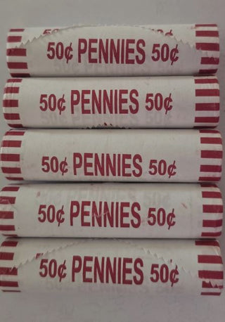 FIVE (5) Original Bank Wrapped Rolls 50 Lincoln Penny Cents Roll- OBW Unsearched