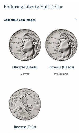 2026 Enduring Liberty Half Dollar 3-Coin Set from S Proof Set and P & D Uncirculated Coin Sets