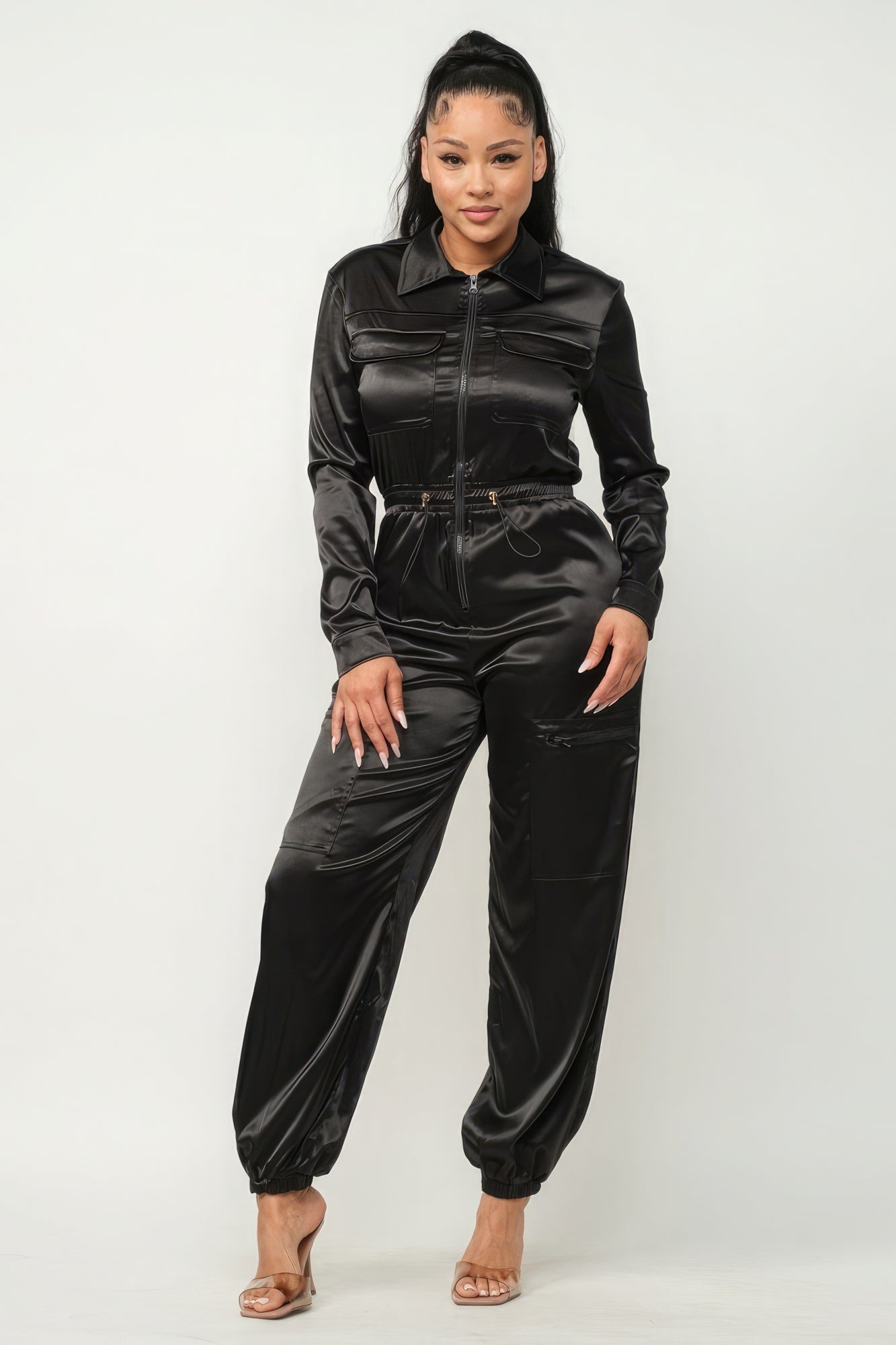 Front Zipper Pockets Jumpsuit Top And Pants